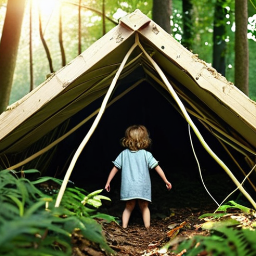 Home 15 ** A young child exploring a lush forest, building a small shelter from branches and leaves. Focus on the child's sense of wonder and connection with nature, with sunlight filtering through the trees. The style should be reminiscent of a nostalgic photograph, emphasizing warmth and innocence.
**