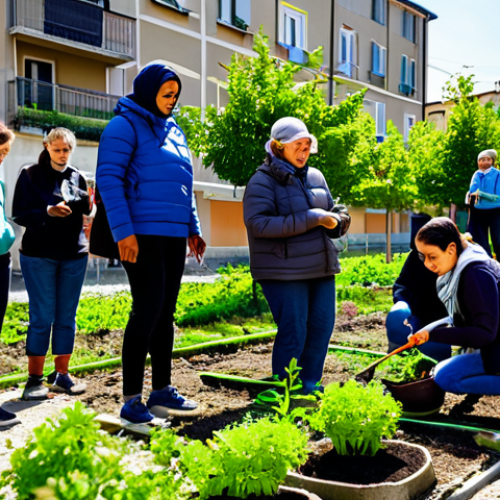 Home 18 A diverse group of adults and children, fully clothed in modest, practical outdoor attire, actively participating in a community "guerrilla gardening" project in a vibrant urban setting in Italy. They are planting seeds and small plants in a previously gray concrete area, transforming it into a lush green space. Sunlight filters through nearby buildings, highlighting the fresh greenery and positive engagement. The scene emphasizes collaboration, hands-on learning, and a connection with nature. Perfect anatomy, correct proportions, natural pose, well-formed hands, proper finger count, natural body proportions. Professional photography, high quality, safe for work, appropriate content, fully clothed, family-friendly.