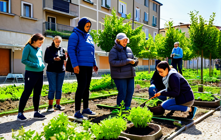 A diverse group of adults and children, fully clothed in modest, practical outdoor attire, actively participating in a community "guerrilla gardening" project in a vibrant urban setting in Italy. They are planting seeds and small plants in a previously gray concrete area, transforming it into a lush green space. Sunlight filters through nearby buildings, highlighting the fresh greenery and positive engagement. The scene emphasizes collaboration, hands-on learning, and a connection with nature. Perfect anatomy, correct proportions, natural pose, well-formed hands, proper finger count, natural body proportions. Professional photography, high quality, safe for work, appropriate content, fully clothed, family-friendly.