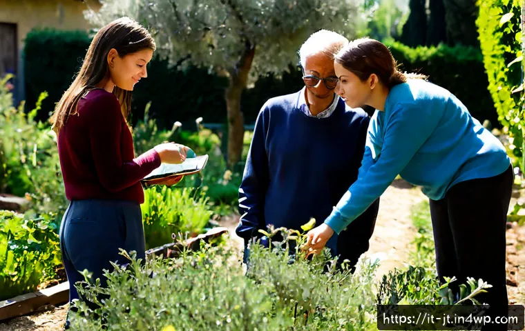 생태 리터러시 향상을 위한 멘토링 프로그램 - Photorealistic environmental mentoring session in a sunlit community garden in northern Italy, an ol...